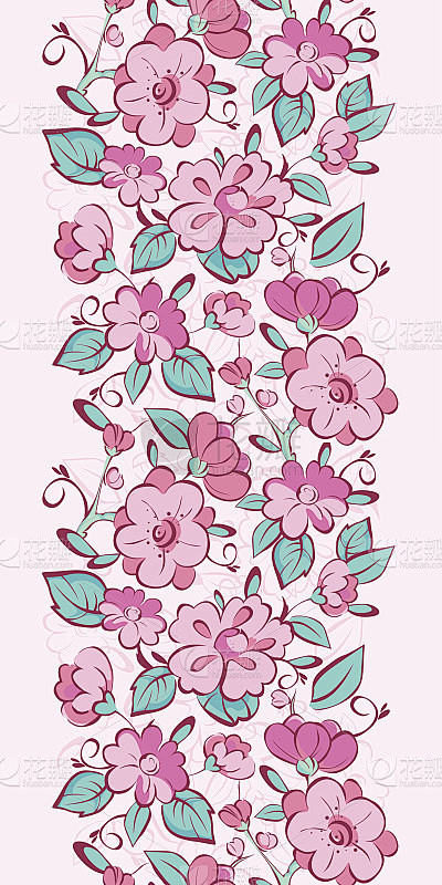 矢量粉蓝色和服花垂直边界无缝图案背景