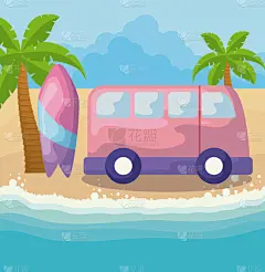 夏天,海滩,冲浪板,面包车,自然美,暑假,节日,休闲,放松