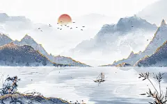 新中式古风水墨水粉水彩鎏金中式山水复古手绘卡通插画海