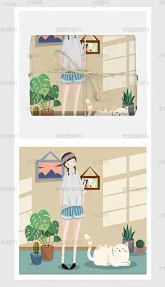 浅黄手绘小清新女孩猫咪花草插画