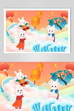 小兔子闹元宵元宵节兔年插画