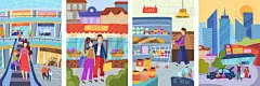 大城市里的人商店购物和城市街道上的人和家庭的矢量插图。海报、卡片和封面的手工绘图.