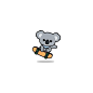 a cartoon koala riding a skateboard on its hind legs and holding onto it's tail