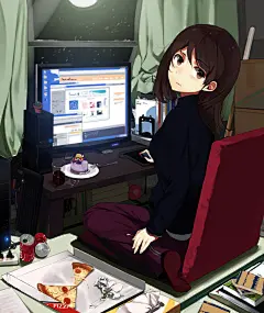 坐在电脑前手绘