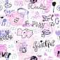 Seamless pattern with text, hearts, headphones, in