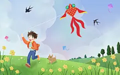 春游春天 春分手绘卡通男生春天放风筝原创插画海报