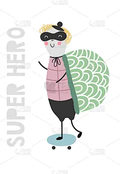儿童海报与可爱的海龟动物超级英雄和手绘字母。婴儿保育室墙面艺术。矢量插图。