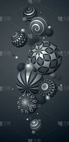 抽象球体矢量手机背景，组合飞行球装饰与图案，3D混合各种现实的装饰球体，智能手机壁纸。