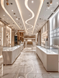 A high-end jewelry store with white as the main color theme, designed in the style of Kenya Hara, characterized by simplicity and elegance. The store features exquisite counters displaying various jewelry pieces. High-resolution photograph, 4K, ultra-wide