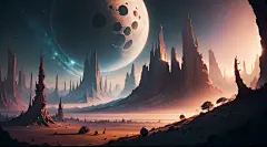 科幻风格的数字绘画，描绘了外星景观 (超凡脱俗的植物), ((奇异生物)), 以及天空中遥远的月亮, ((电影般的照明))