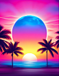 Neon sunset in Miami fantasy art • vaporwave aesthetic ocean and palm trees