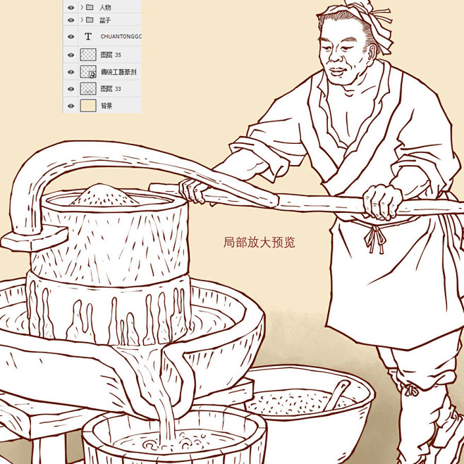 石磨 碾米 豆浆 磨豆浆 豆腐 磨盘 五谷杂粮 手绘插画 插图 壁画挂画 加工图 传统工艺 手工作坊 包装设计 古代人物