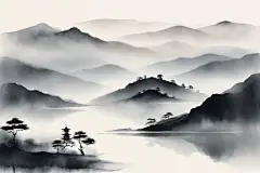 山水写意中国风水墨山水画装饰插画