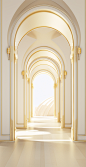 an archetypal room in white and gold with arches, in the style of light bronze and light amber, 32k uhd, realistic hyper-detail, light yellow and light gold, passage, deco-pop