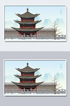 中国风城楼建筑插画