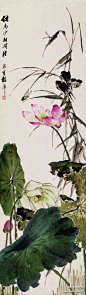 中国书画艺术：程璋 作品 《荷花燕子》--- 程璋为清末民初上海采融西法的著名画家之一。这幅《荷花燕子》用没骨画法，工写结合，生动自如，很注重透视效果和立体感的表达。