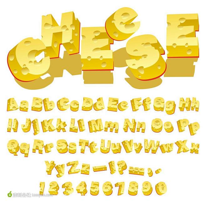 可爱卡通三维立体芝士奶酪英文大写字母阿拉伯数字字体设计