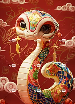 一条农历新年风格的可爱蛇，身上有彩色图案迪士尼皮克斯动画风格