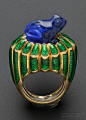 18kt Gold, Lapis, and Enamel Ring, David Webb, the shaped ring set with a carved lapis frog, green enamel reserves, size 6, signed. Whimsical and adorable.