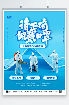 蓝色时尚公共场所佩戴口罩公益宣传海报