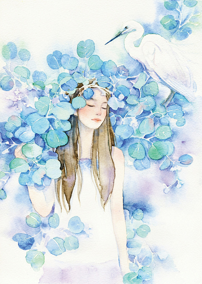 插画女孩花瓣素锦水彩