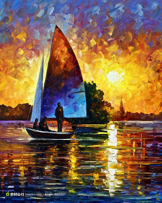夕阳中的海上帆船油画