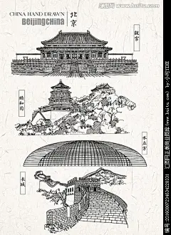 北京著名旅游景点线描