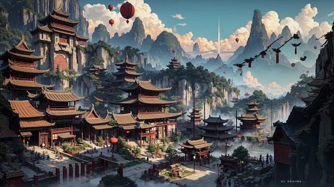 AI国风场景建筑素材 楼阁建筑场景设定图 背景插画临摹 游戏概念-淘宝网-花瓣网