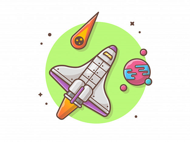 航天飞机与星球和陨石手绘卡通矢量插画矢量图素材