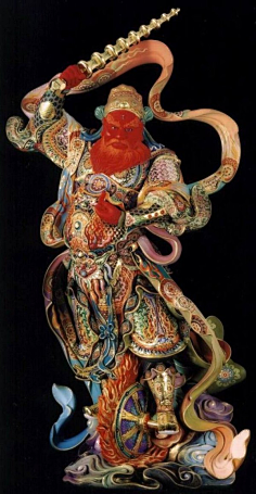王灵官咒:神威豁落金甲,黃巾手持鐵鞭.  紅袍罩身緑靴,風帶雙目虎睛.