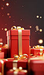 A collection of red boxes with gold decorations on a red background, in the style of rendered in unreal engine, minimal retouching, #vfxfriday, bokeh panorama, charming character illustrations, xmaspunk, hyper-realistic oil