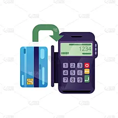 通过终端使用信用卡付款的过程。购买商品的简单方法。输入PIN码。银行服务的概念。孤立的平面矢量图标