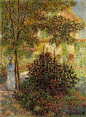 《Camille Monet in the Garden at the House in Argenteuil》，莫奈，1876~画面中的女人是莫奈最初的模特儿、红颜知己，以及后来的夫人，一生唯一的爱人—卡米尔·汤希尔(Camille Doncieux)，莫奈一生中唯一肯为之画肖像的女人……