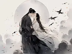 国风黑白水墨牛郎织女鹊桥相会浪漫古风插画中国古代神话故事