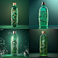 /想象 一瓶透明的洗发水，瓶身修长带龙形细节，8K，平视视角，简约，科技风，细节丰富，绿茶色背景，光线明亮