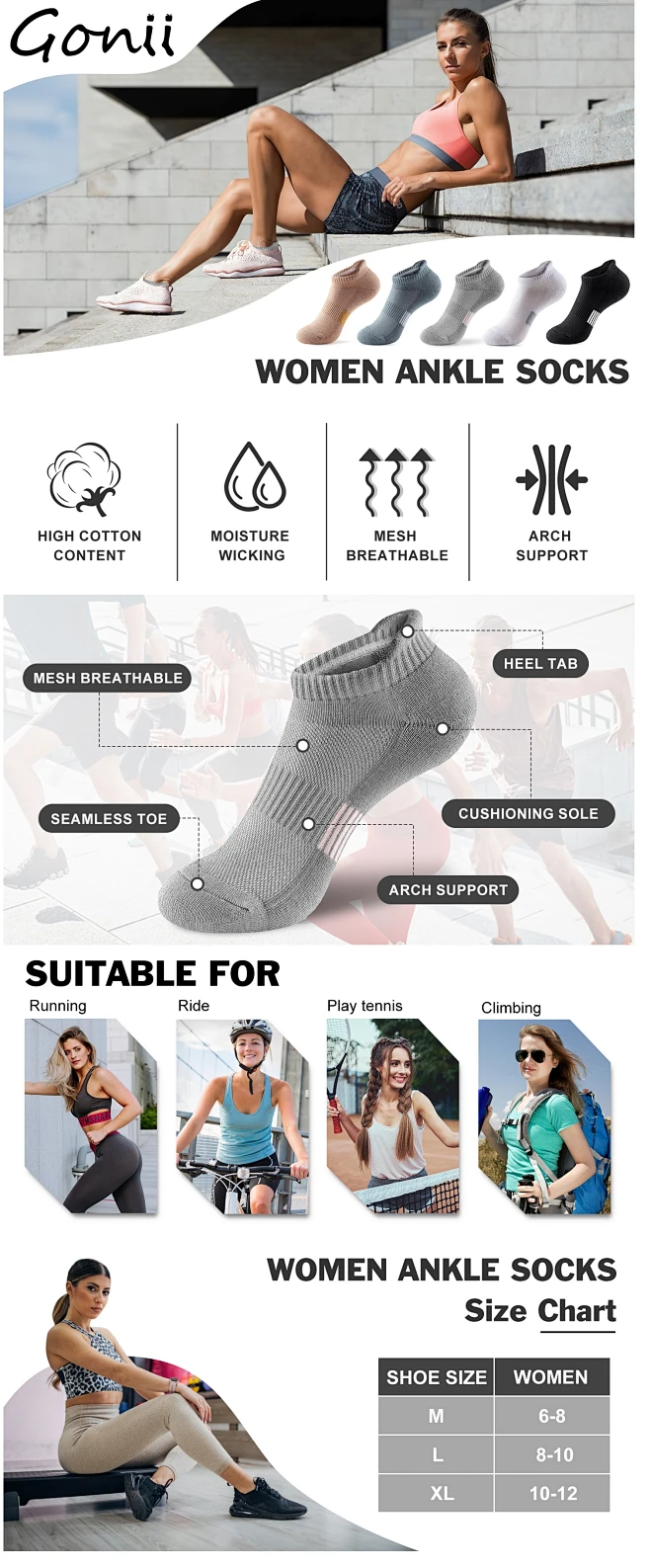 Gonii ankle socks womens running athletic no show socks cushioned 5