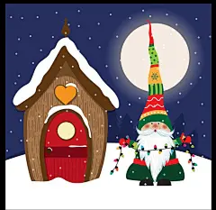 手绘卡通圣诞老人雪地月亮兔子小木屋圣诞节装饰海报插画设计素材-淘宝网