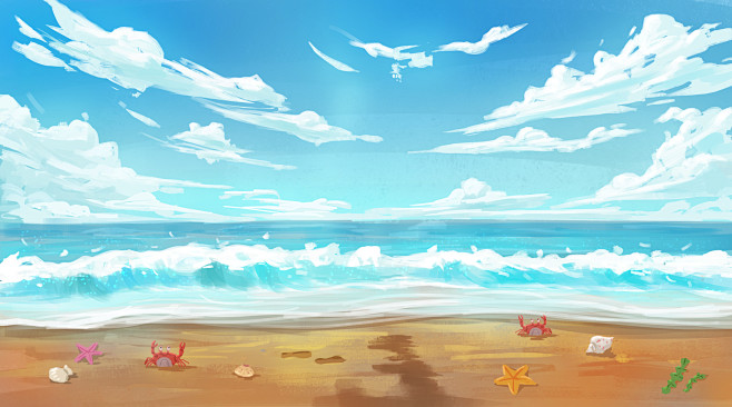 手绘沙滩风景