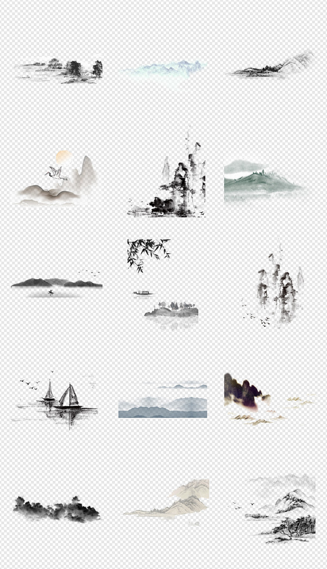 中国风水墨山水透明背景素材PNG素材