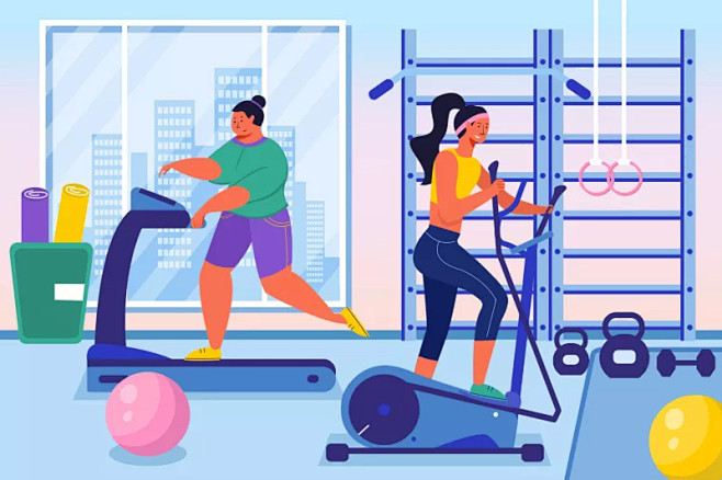 蓝色扁平风健身房锻炼跑步瘦身有氧运动插画