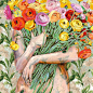 Jessica Watts是来自澳大利亚的画家，在她的《Wallflower》系列画作中，她描绘了一系列拥抱着鲜花的女子，凸显女性的美丽和力量。
