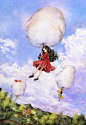 白白的云朵就像棉花糖，带着我的幻想飞向蓝天 ~ 来自韩国插画家Aeppol 的「森林女孩日记」系列插画。