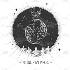 带有占星术双鱼座黄道带星座的现代魔法魔卡。逼真的手绘科伊鱼图解。黄道带特征
