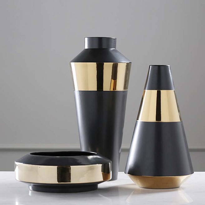 雅图家居新中式黑色镀金色圈锥形陶瓷花瓶 ...