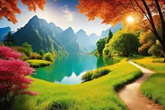 湖面美景湖水插画图片