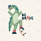很酷的滑板恐龙活跃的滑板恐龙男孩。可爱的恐龙字母引用-勇敢。手绘卡通矢量插图儿童孤立的背景。用于海报