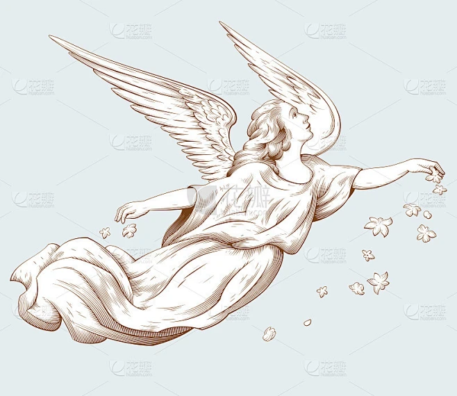 飞翔的天使撒花。古老雕刻风格的圣经插图。素材-花瓣网