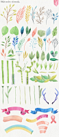 cm079花园水彩兔子花朵植物手绘蝴蝶结箭头自行车森系文艺PNG素材-淘宝网