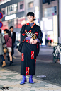 #原宿街拍# Vintage Geometric Print Japanese Kimono, Leaf Print Shirt, Checkered Obi & Vinyl Boots in Harajuku O网页链接 ​​​​