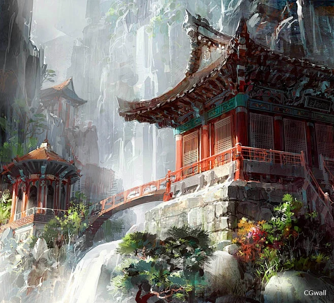 CGwall游戏原画网站_游戏场景原画-古风建站凉亭一角-花瓣网